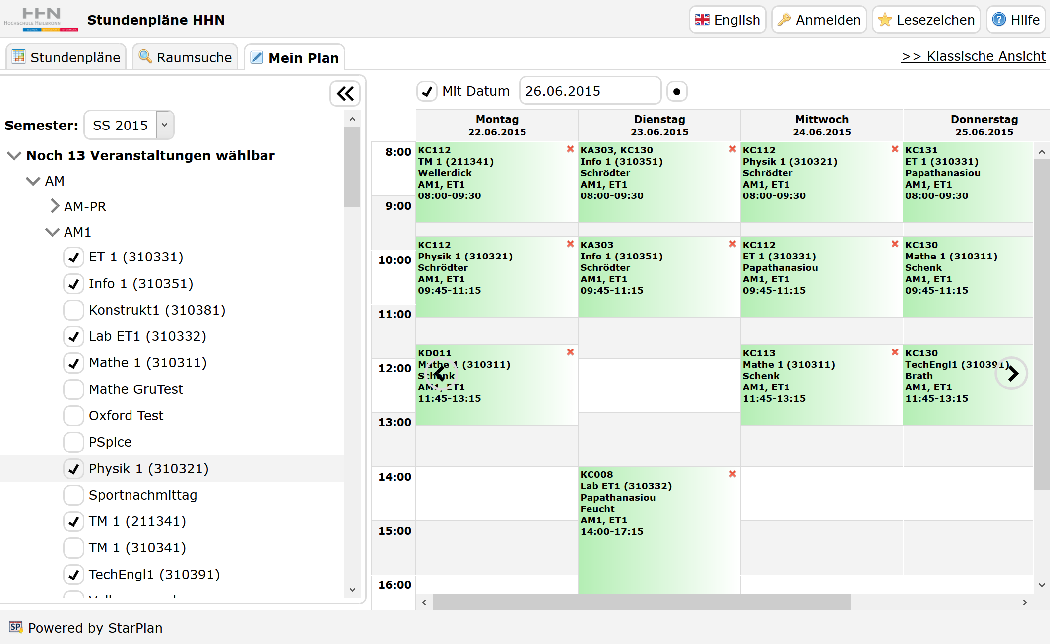 Personalisierter Stundenplan in der Web-Ansicht